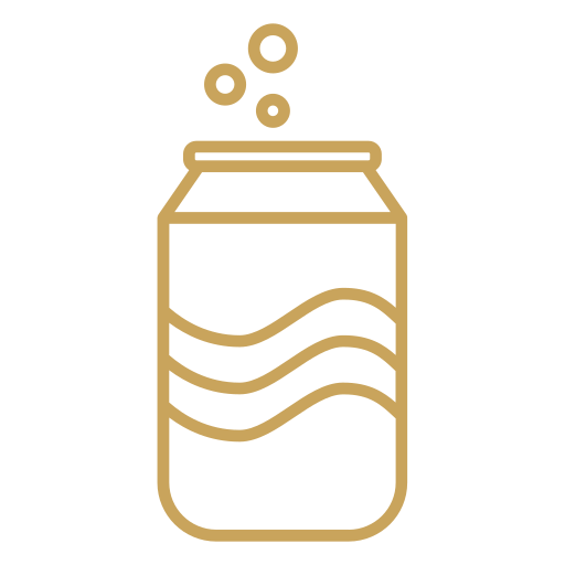 Gold soda can icon with bubbles