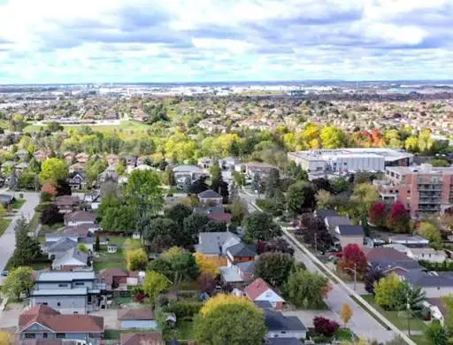 Aerial view of suburban neighborhood in autumn