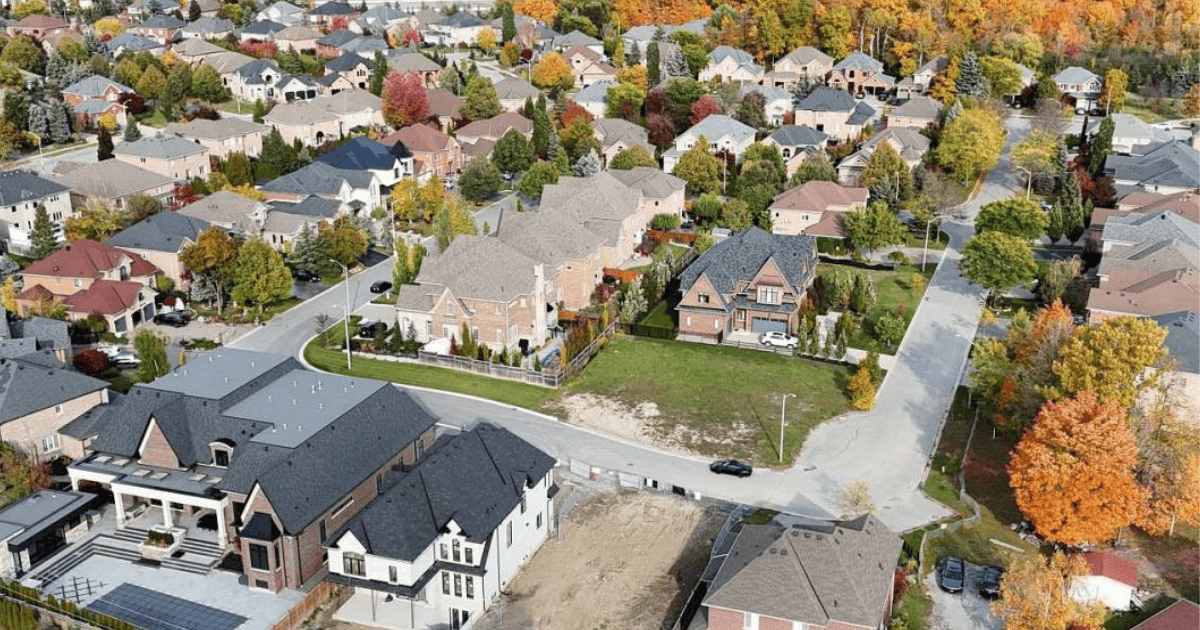 Aerial view of suburban neighborhood in autumn
